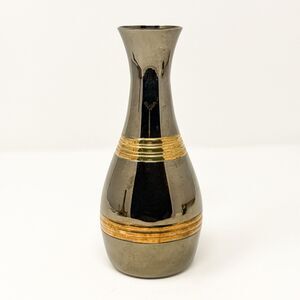 Vintage Silver Tone Metal Bud Vase Brass Bands Made In India Modern Decor 6.5”